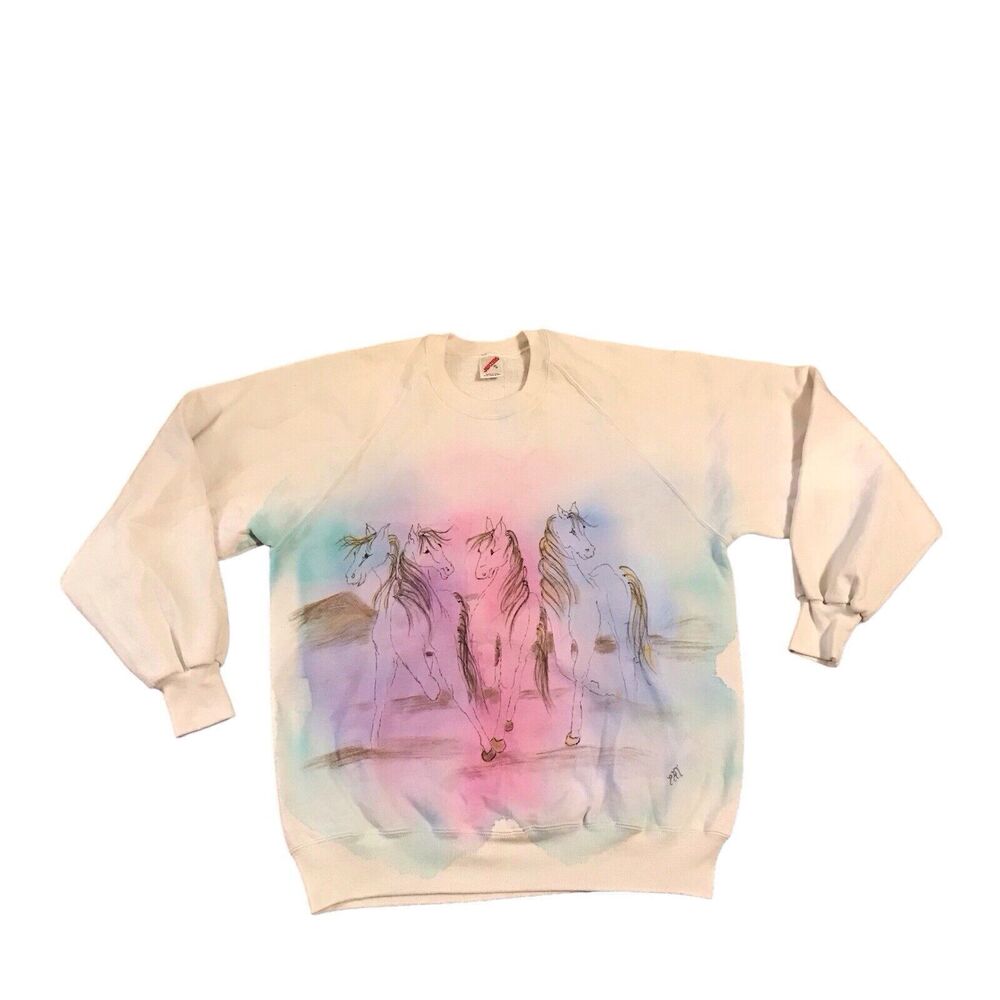Vintage Horse Sweatshirt Womens XL Jerzees Watercolor Crewneck Equestrian‎ USA
